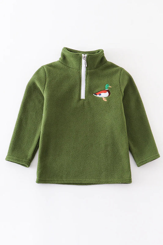 Green Duck Embroidered Fleece Pullover