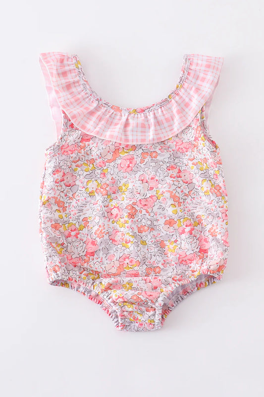 Pink Floral Plaid Ruffle One Piece Swimsuit