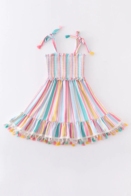 Multicolored Stripe Tassle Dress