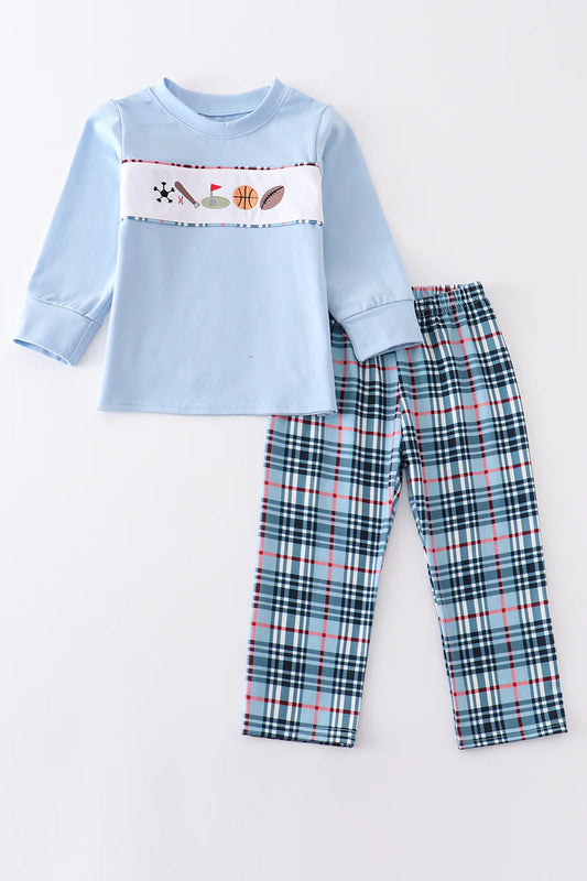 Blue Plaid Sports Embroidery Pants Set