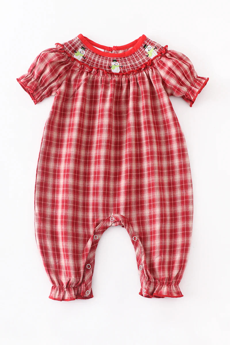 Red Plaid Snowmen Smocked Romper