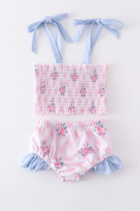Pink Floral Smocked Two Piece Swimsuit