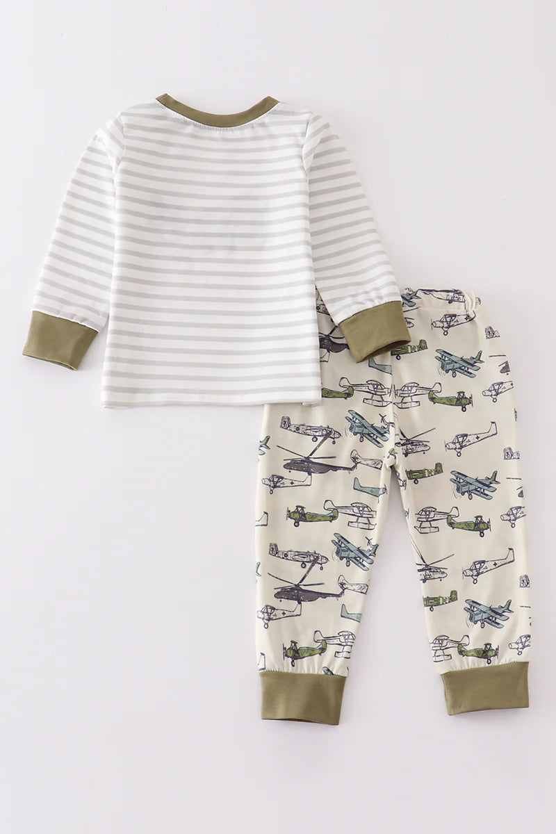 Striped Airplane Embroidered Pant Set