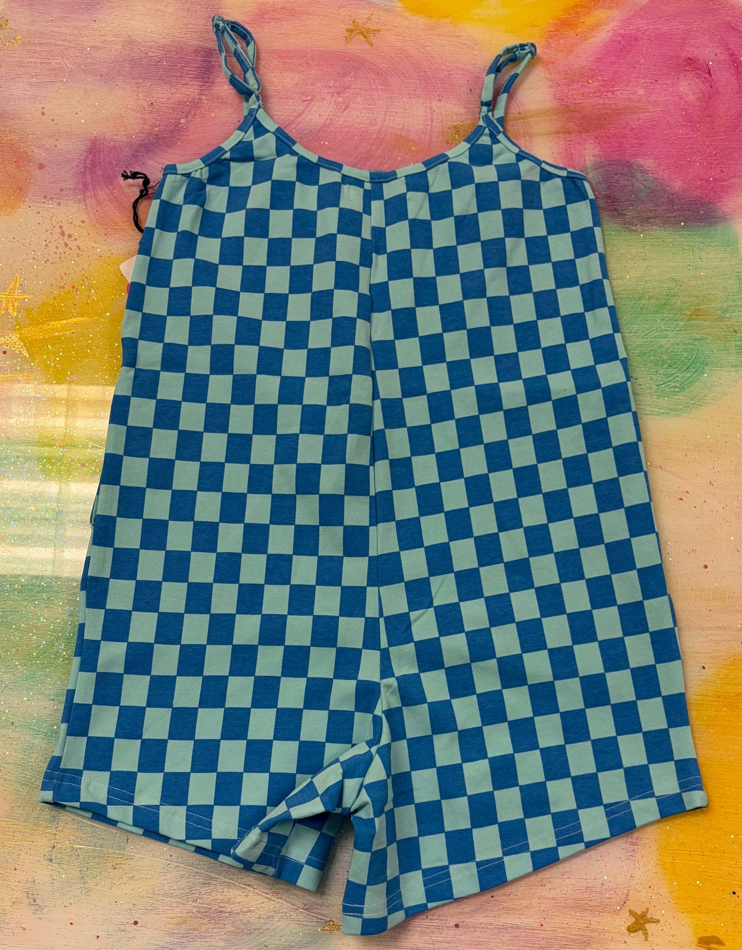 Checkered Pull On Romper Blue