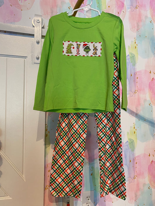 Boy Grinch Green Plaid Embroidered Pant Set