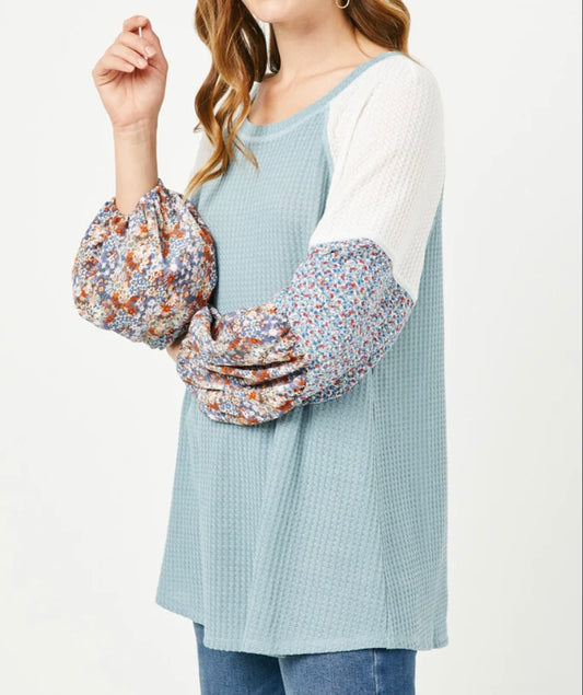 Floral Block Waffle Knit Top