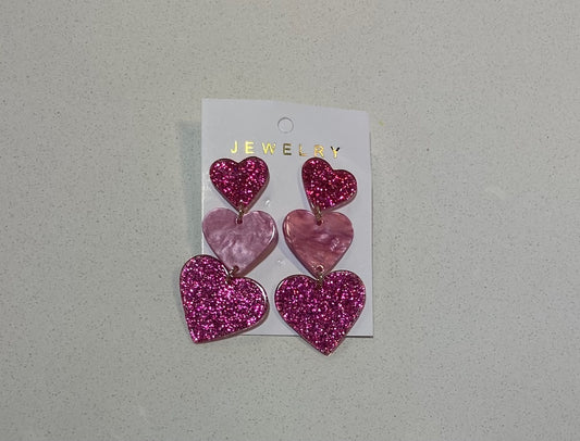 Glitter Pink Heart Dangle Earrings