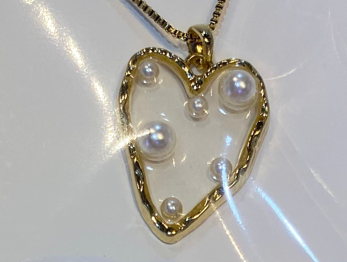 Gold Heart Pearl Charm Necklace