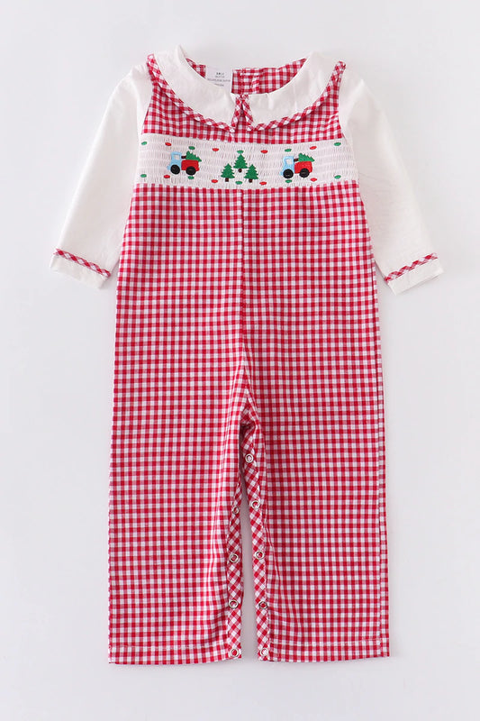 Red Check Smocked Christmas Truck Romper
