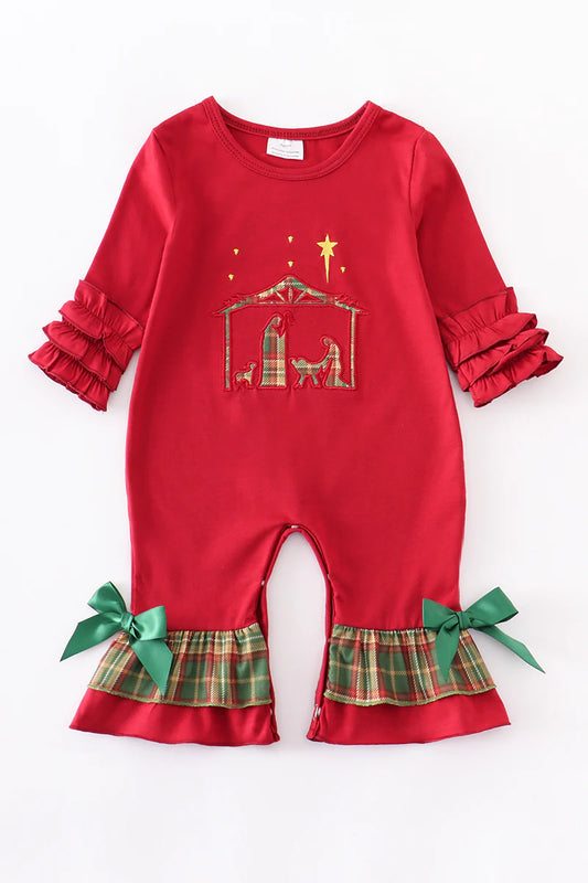Girl Maroon Embroidered Nativity Romper