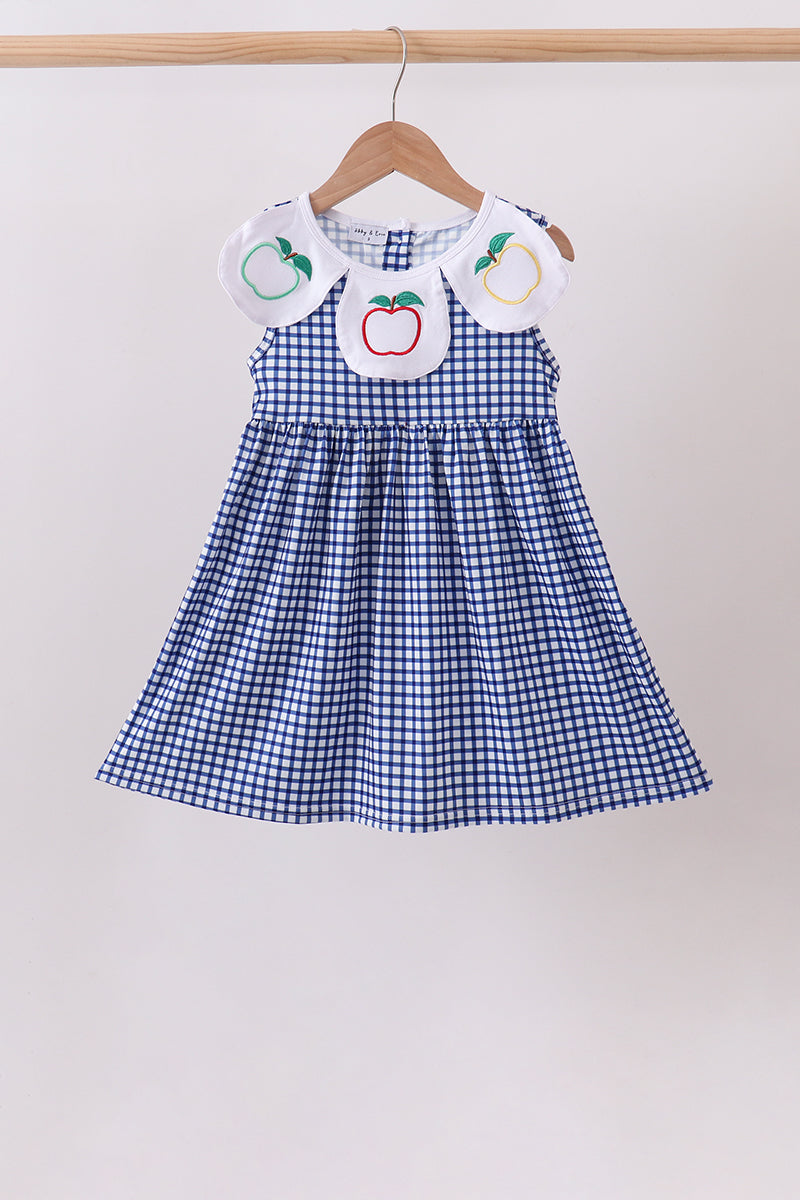 Apple Embroidered Navy Gingham Dress