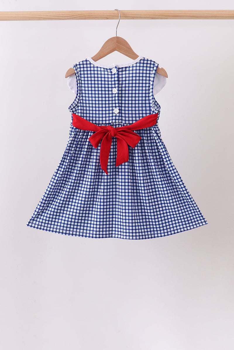 Apple Embroidered Navy Gingham Dress