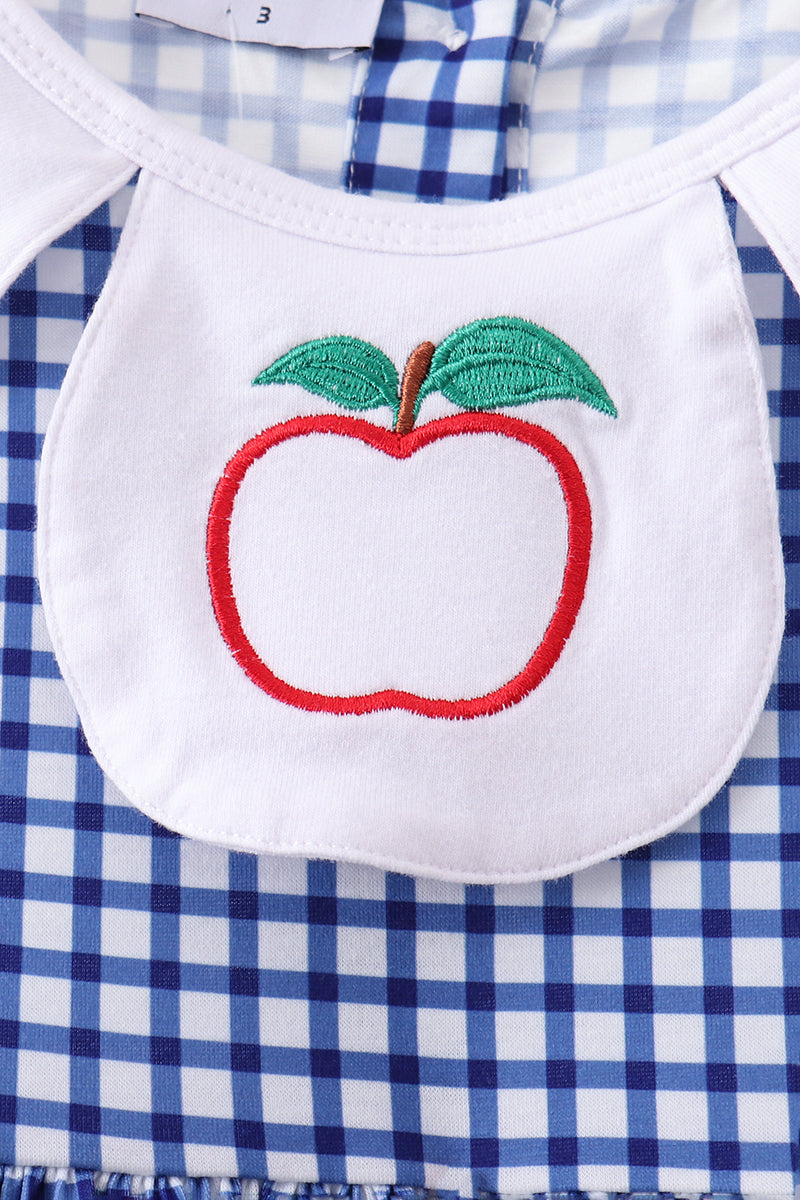 Apple Embroidered Navy Gingham Dress