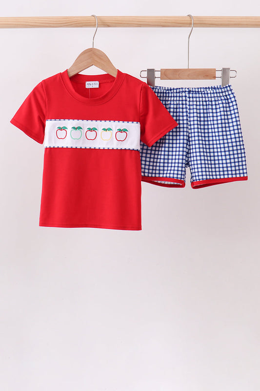 Red Apple Embroidered Gingham Short Set