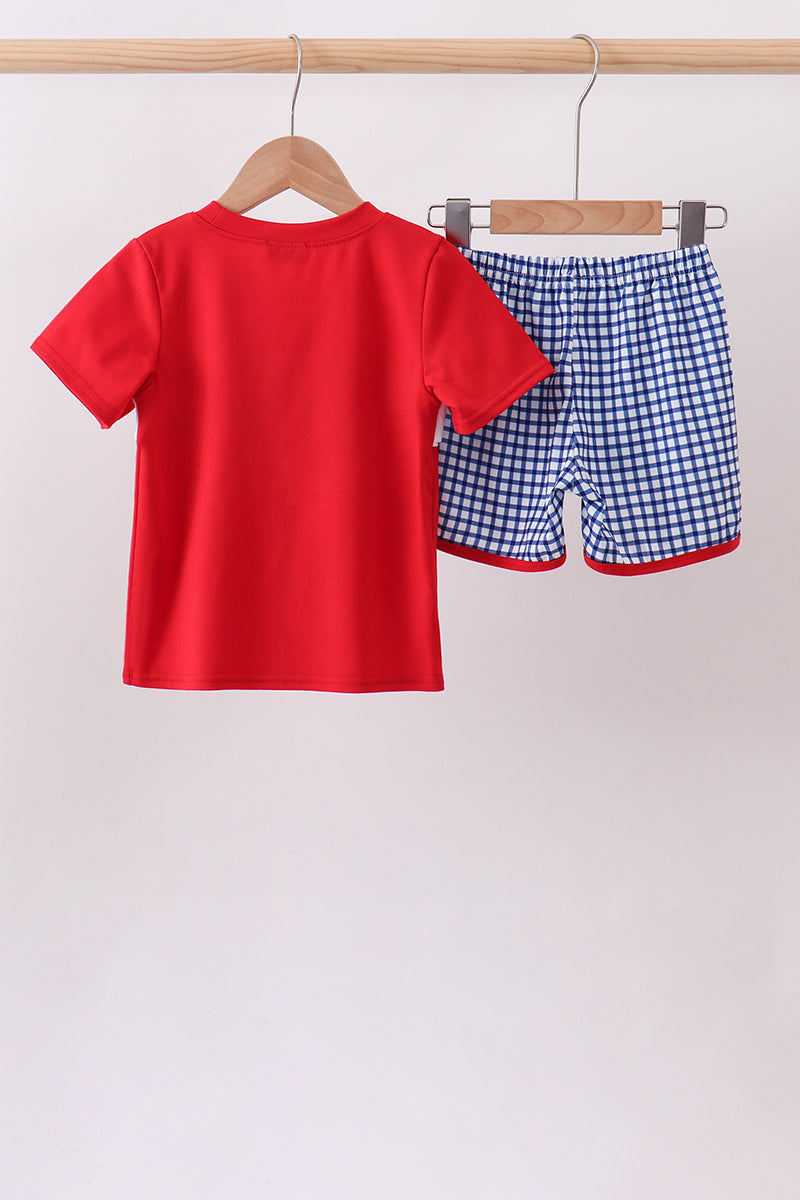 Red Apple Embroidered Gingham Short Set