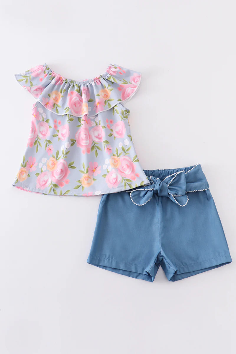 Blue Floral Ruffle Short Set