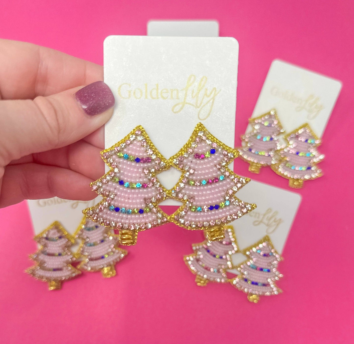 Christmas Tree Pink Beaded Earrings