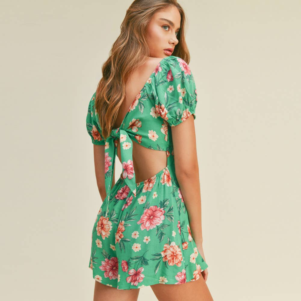 Black Floral Self Tie Open Back Puff Sleeve Romper