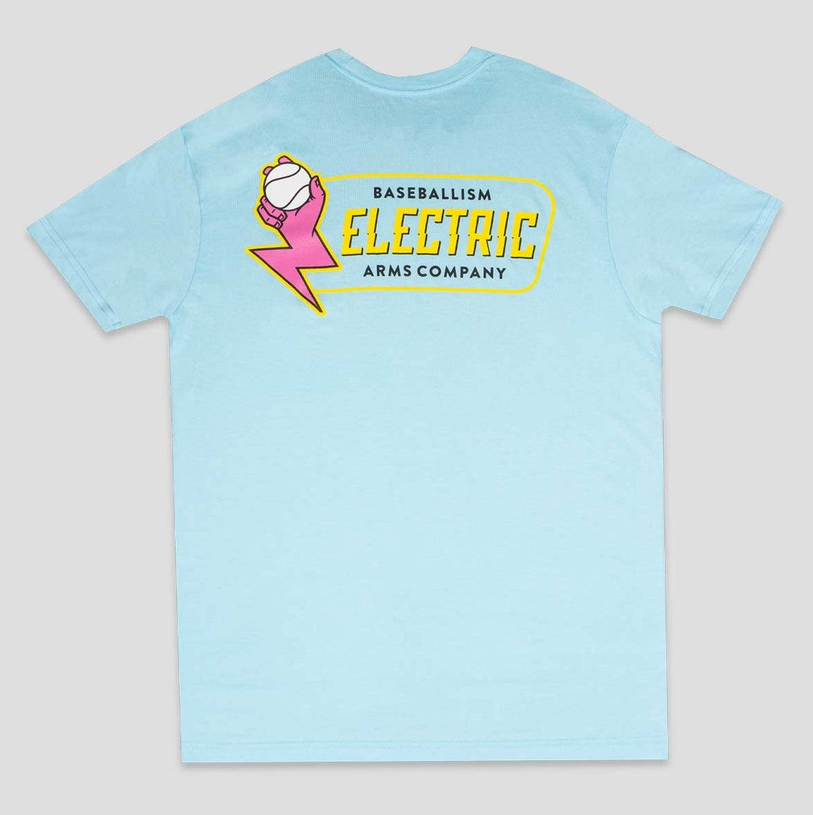 Light blue t-shirt with a graphic design on the back against a light gray background