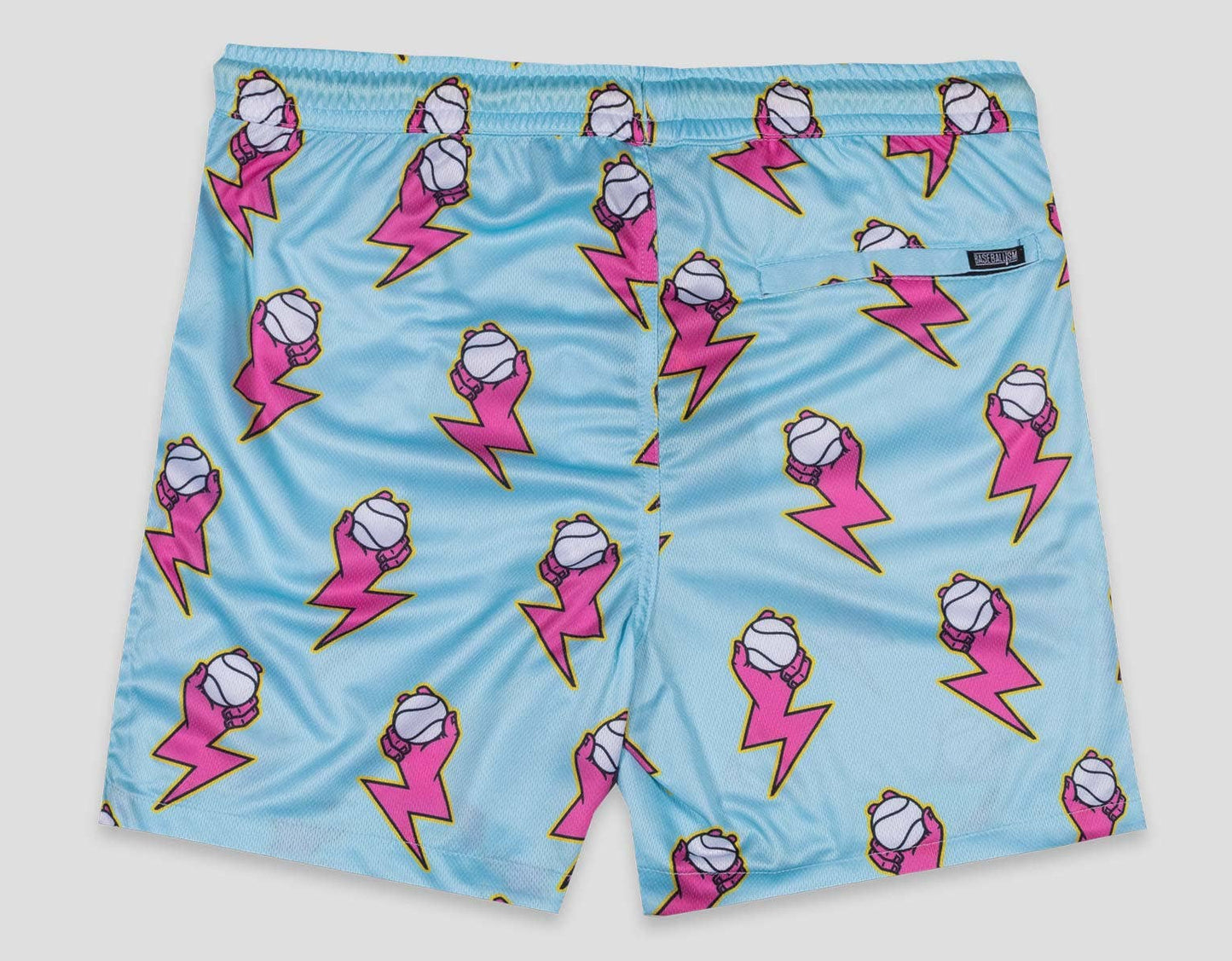 Light blue shorts with pink and yellow graphic design on a white background