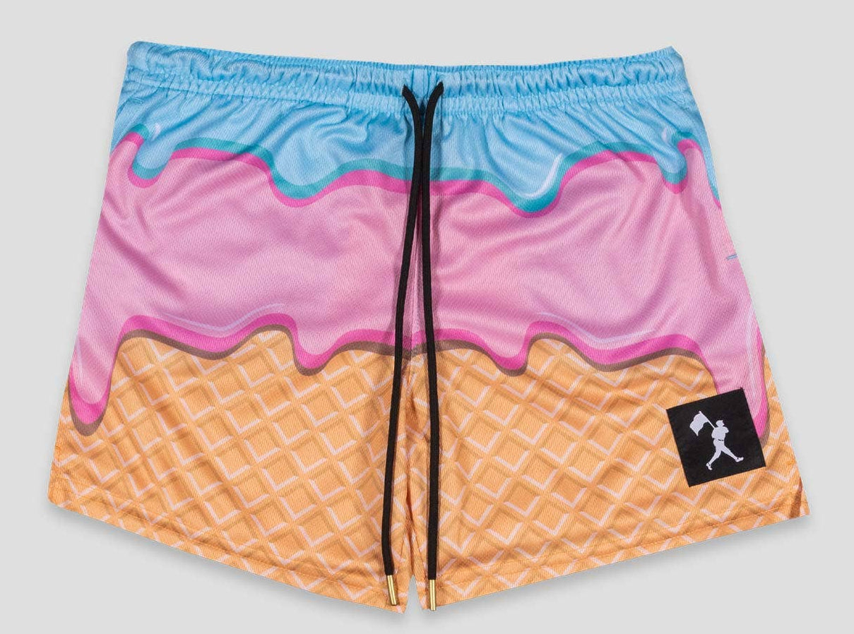 Colorful ice cream-themed shorts with a logo on a gray background