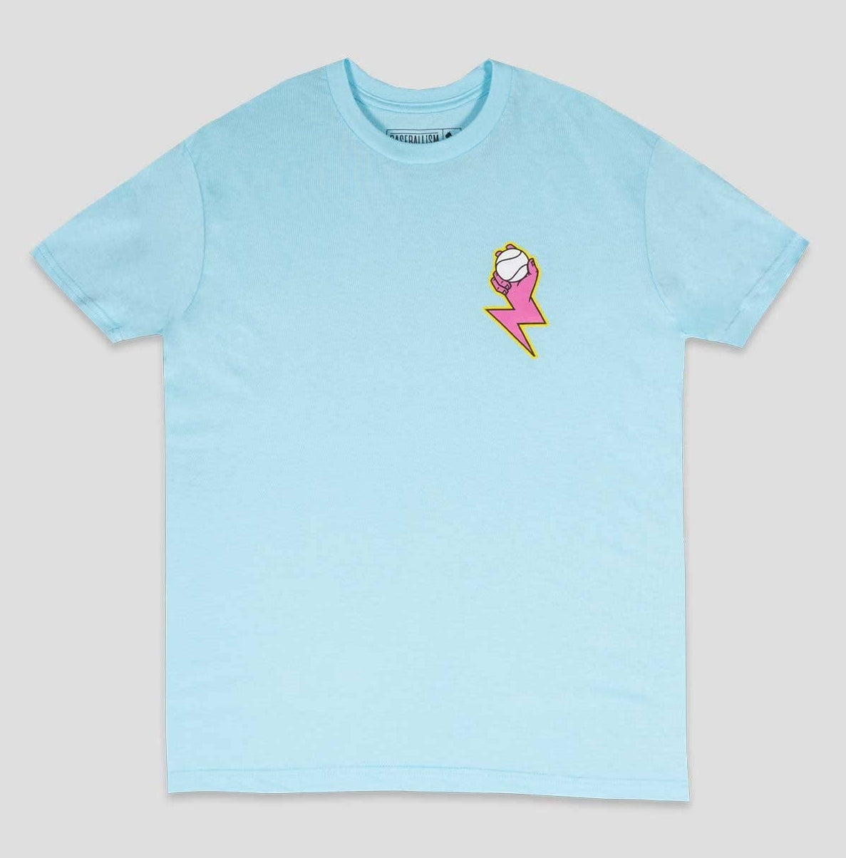 Light blue t-shirt with a small graphic on a light gray background