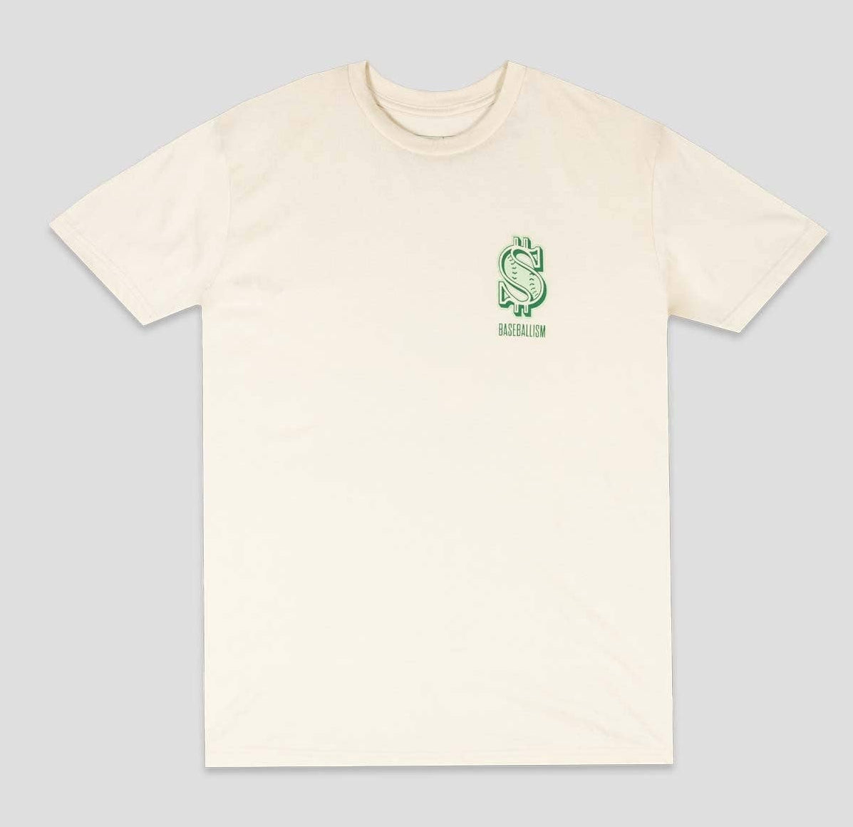 Beige t-shirt with a green logo on a light gray background