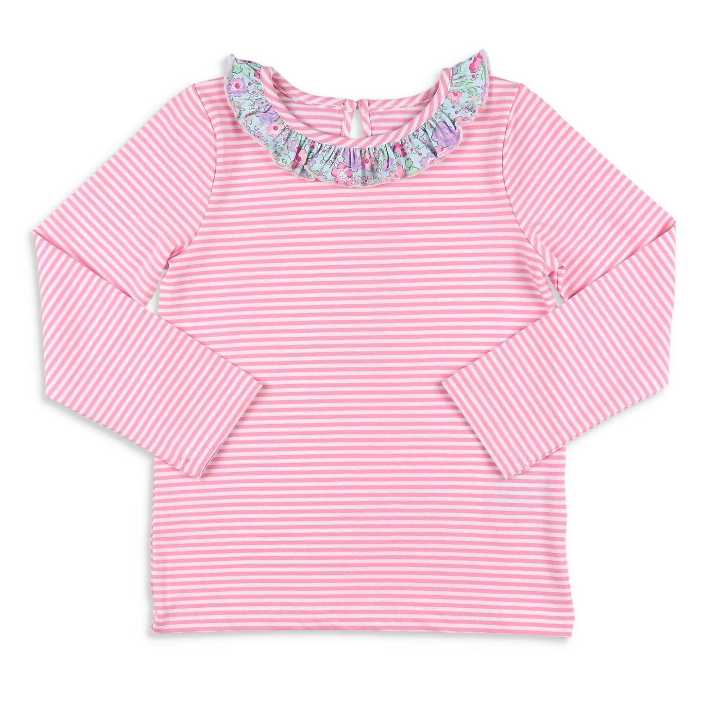 Pink Stripe Ruffle Neck Top