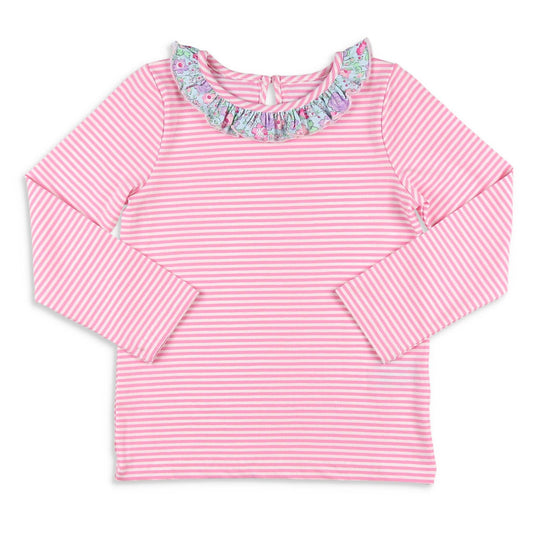 Pink Stripe Ruffle Neck Top