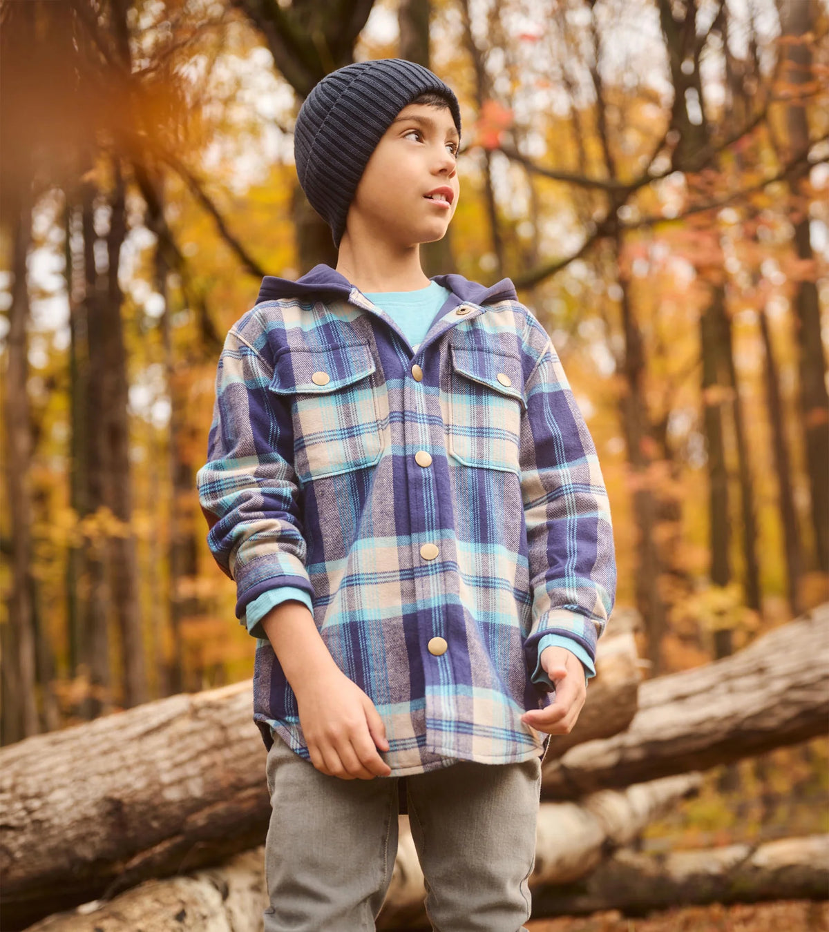 Blue Plaid Woven Flannel Hoodie