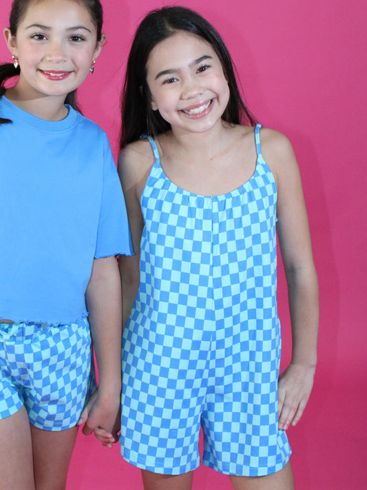 Checkered Pull On Romper Blue