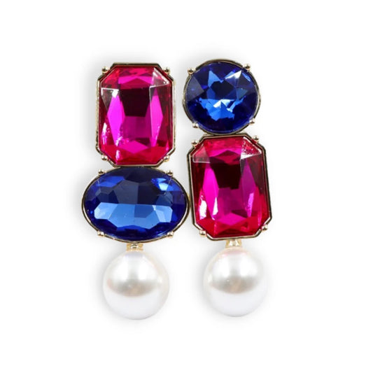 Hot Pink Blue Jewel Pearl Earrings