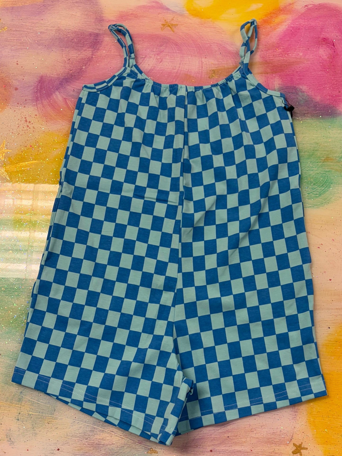 Checkered Pull On Romper Blue
