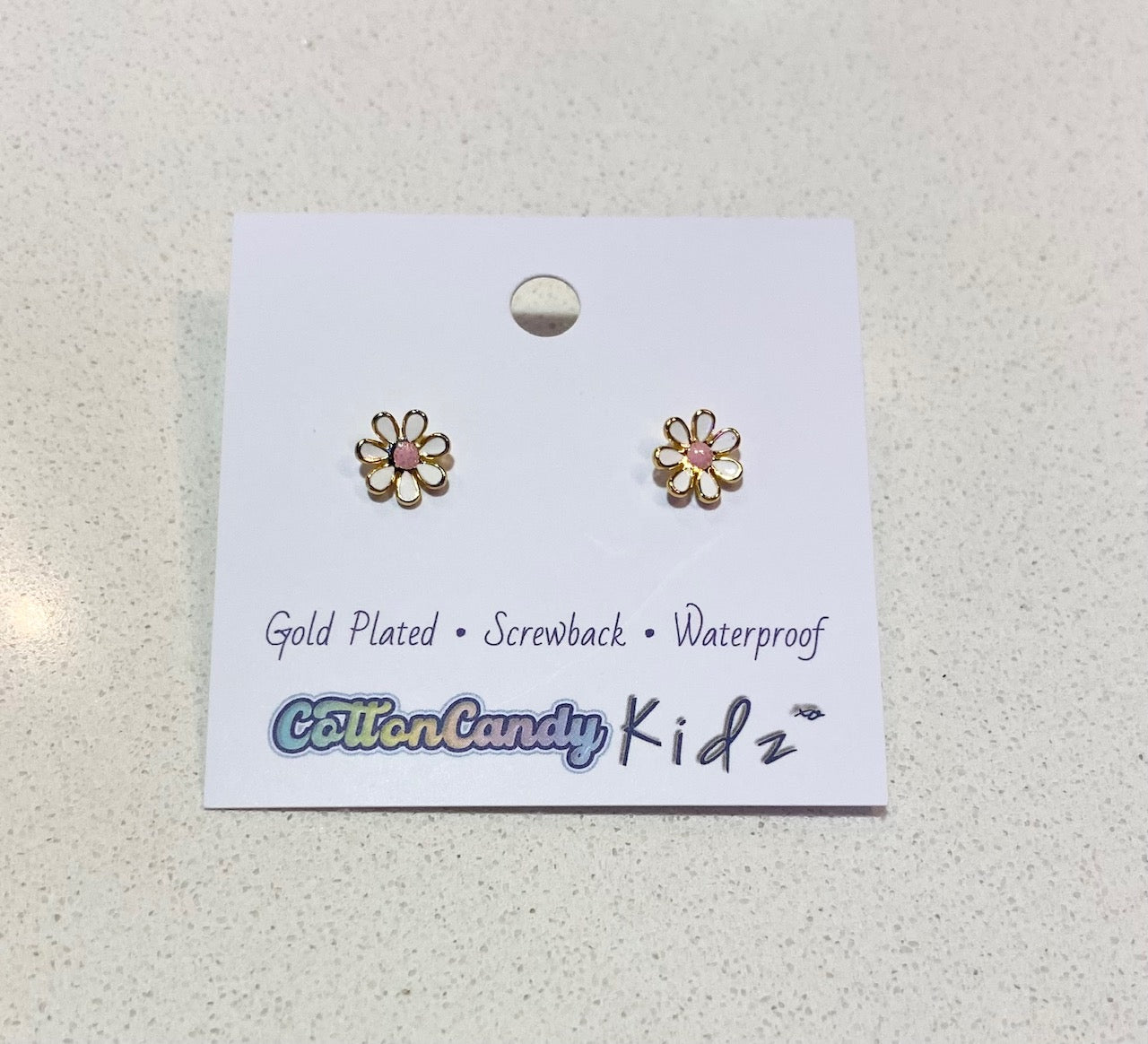 White Flower Gold Stud Screwback Earrings