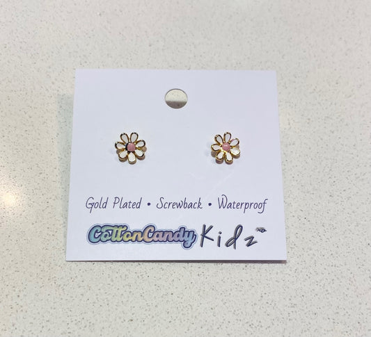 White Flower Gold Stud Screwback Earrings