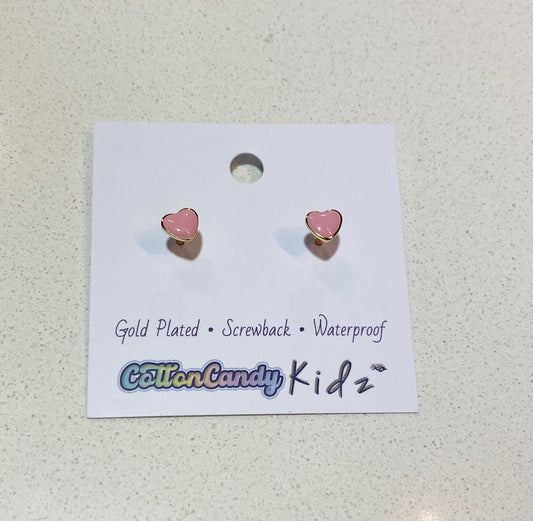 Pink Heart Gold Screwback Earrings