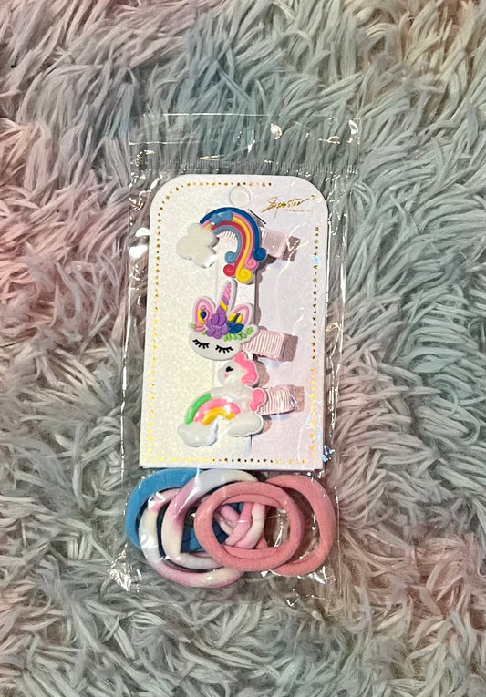 Unicorn Rainbow Hair Clip & Hair Tie Set