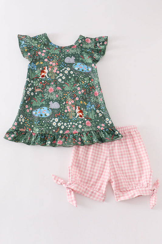 Green Floral Cat Two Piece Short Set