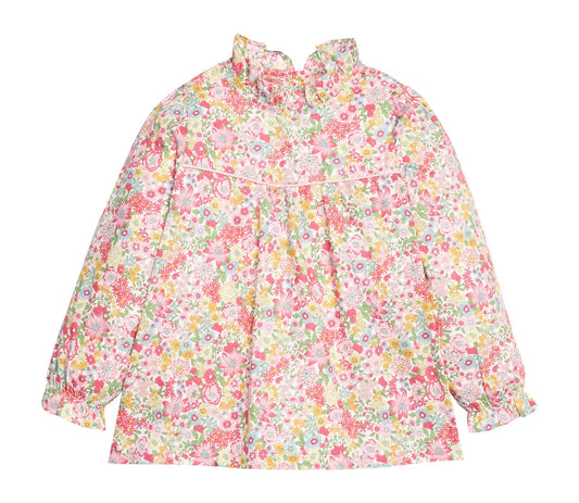 A long-sleeve blouse with a high ruffled collar and an all-over dense floral print in pink, yellow, green, and white, displayed flat against a solid white background.