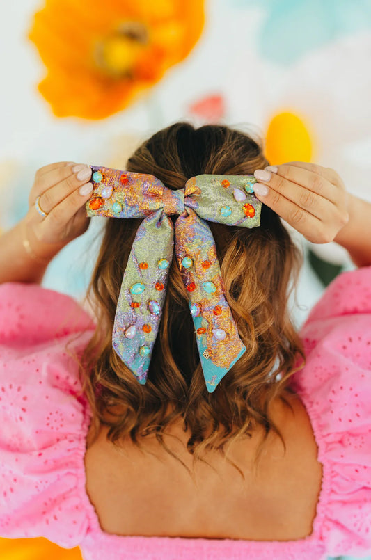 Metallic Iridescence Crystals Brocade Bow Barrette