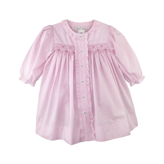 Button Front Smocking Pink Dress