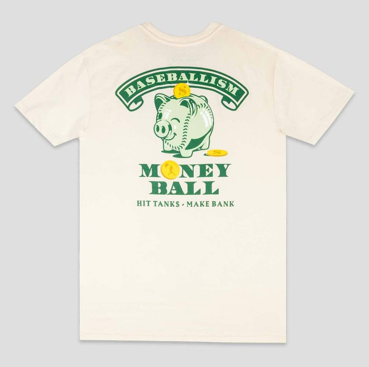 White t-shirt with green and yellow graphic design on a gray background