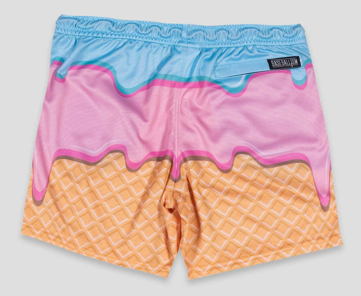 Colorful ice cream-themed shorts on a gray background