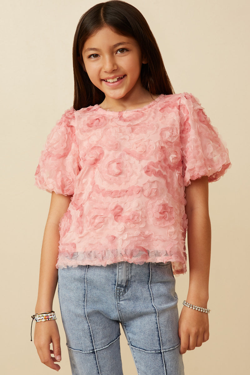 Floral Textured Puff Sleeve Organza Top
