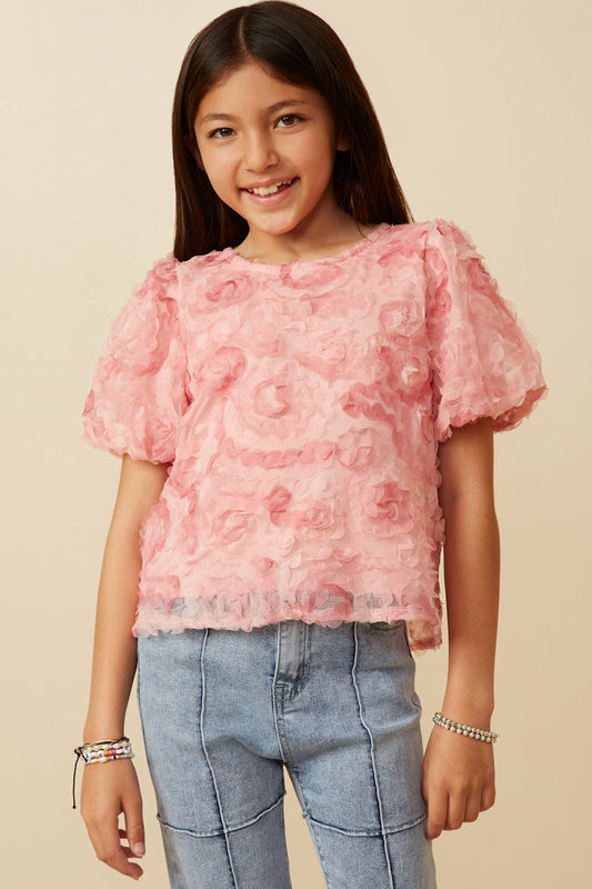Floral Textured Puff Sleeve Organza Top