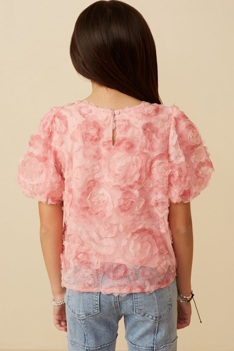 Floral Textured Puff Sleeve Organza Top