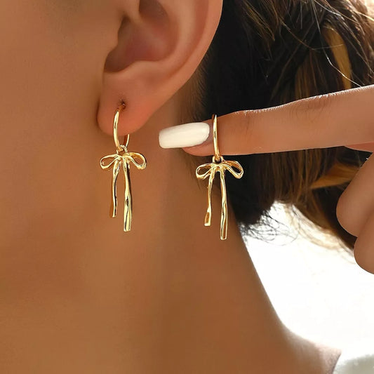 Bow Gold Dangle Hoop Earrings