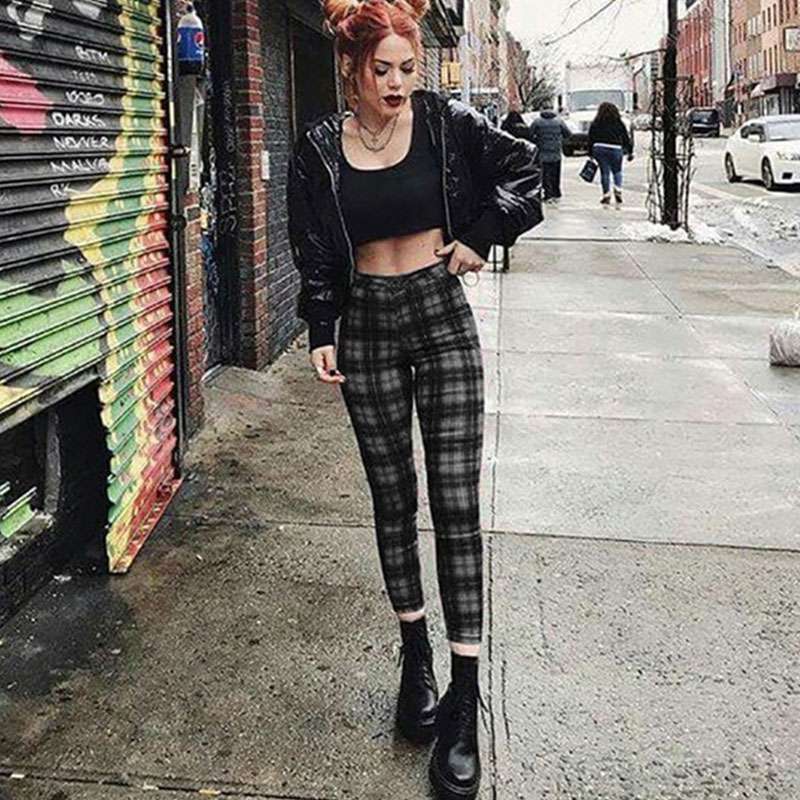 Black Grey Plaid Leggings