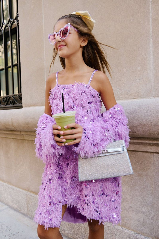 Lavender Feather Sequin Dress Cardigan Set