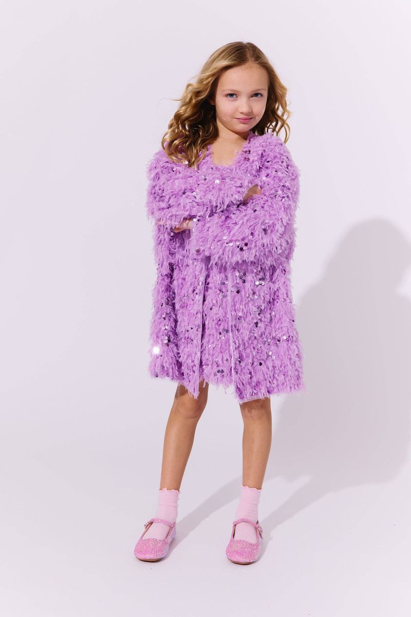 Lavender Feather Sequin Dress Cardigan Set